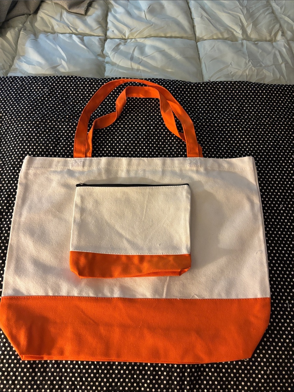 Canvas Two-Tone Orange & White Tote with Matching Pouch
